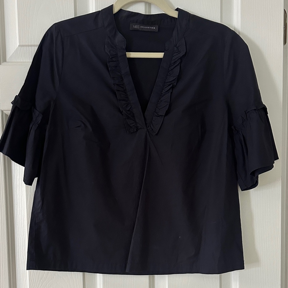 M&S Women's Navy Ruffle V-Neck Blouse